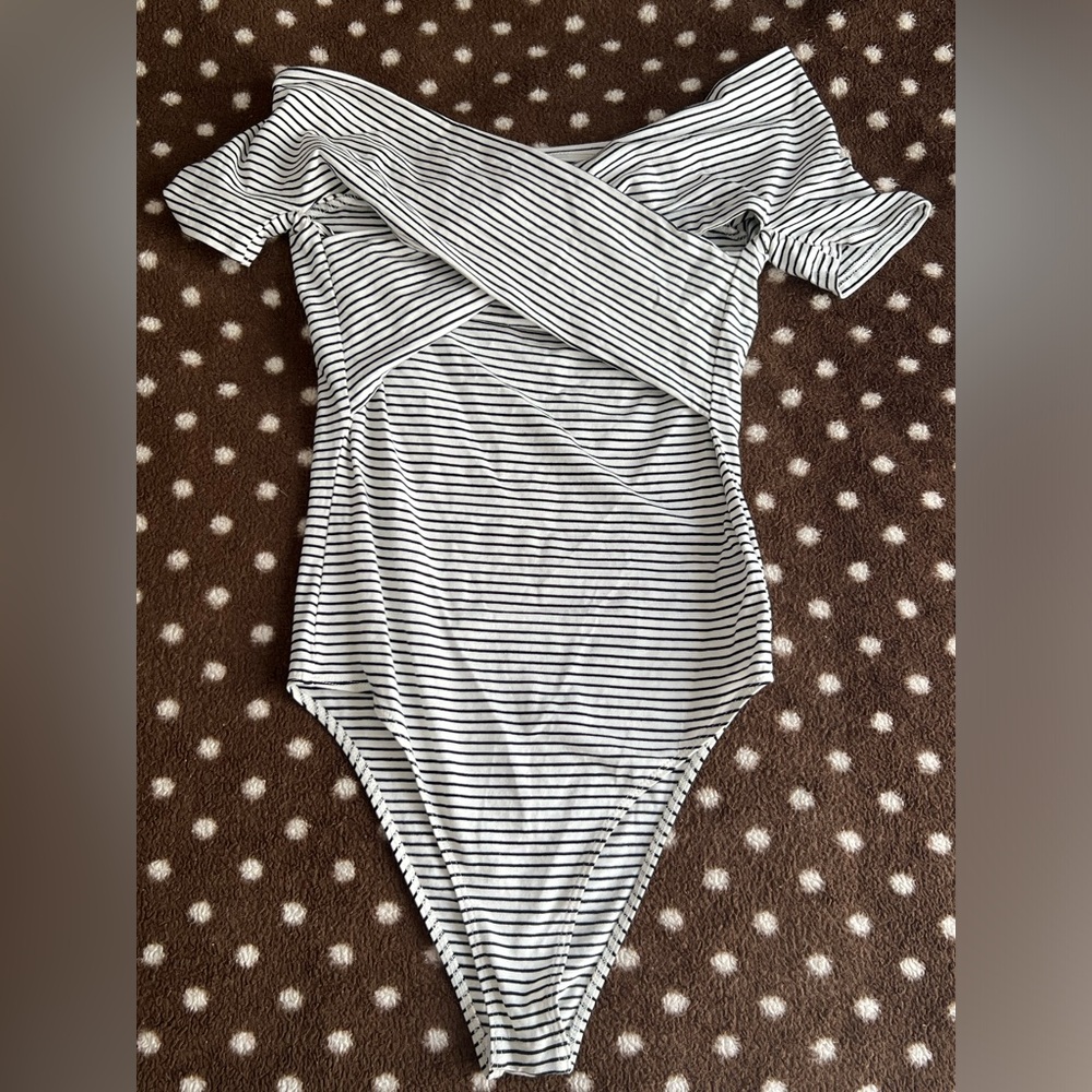 Black and White striped, off the shoulder body suit